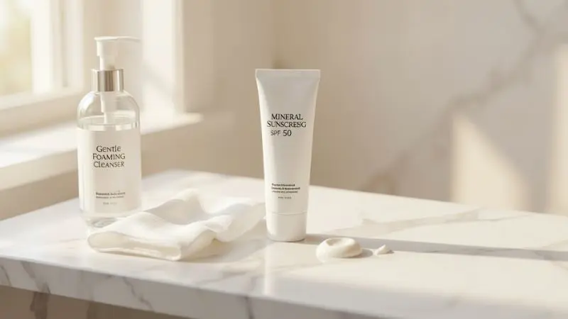 Minimalist flat lay of gentle cleanser and mineral sunscreen for sensitive acne-prone skin morning routine