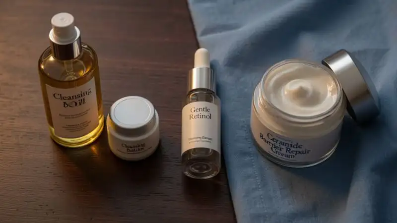 Flat lay of double cleansing products, targeted serum, and repairing night cream for sensitive acne-prone skin.