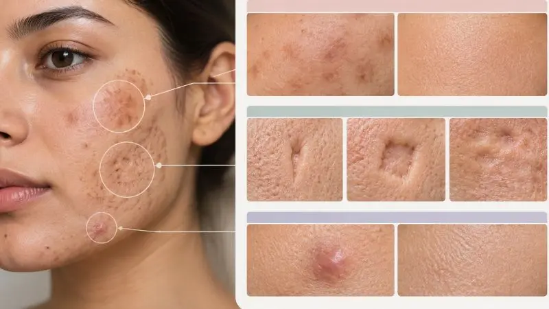 Acne marks are flat while acne scars can be depressed or raised