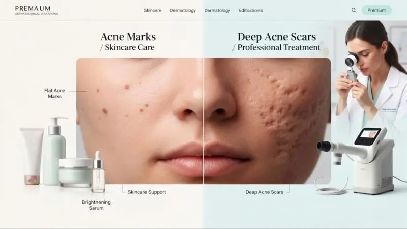 Acne marks vs deep scars showing skincare support for flat dark spots and professional treatment for deep acne scars
