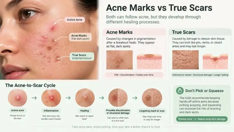 Acne marks vs true scars showing flat discoloration, structural skin damage, and the acne-to-scar cycle