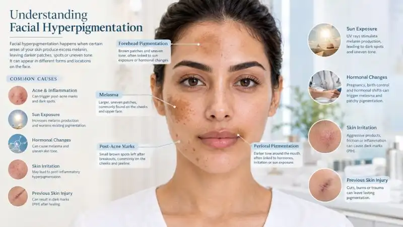 Hyperpigmentation on face showing dark spots and uneven skin tone