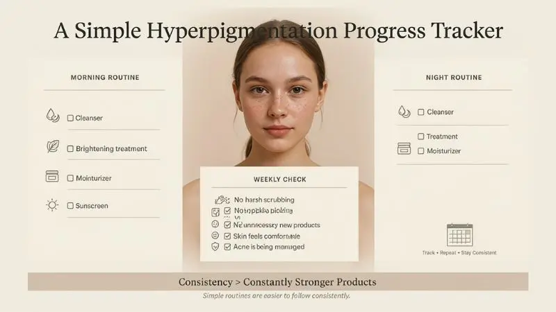 Hyperpigmentation skincare progress tracker for morning night and weekly routine