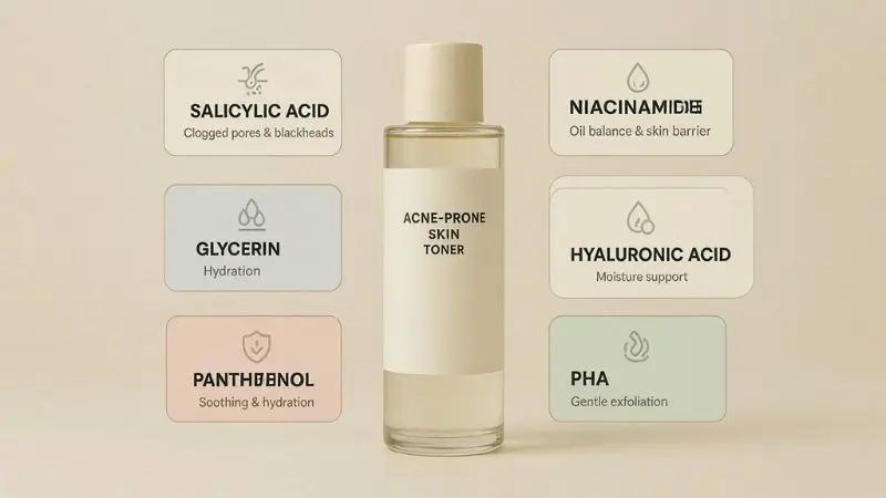 Toner ingredients for acne-prone skin including salicylic acid niacinamide glycerin hyaluronic acid panthenol and PHA