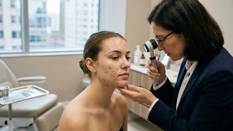 Dermatologist examining acne marks and scars during a skin consultation