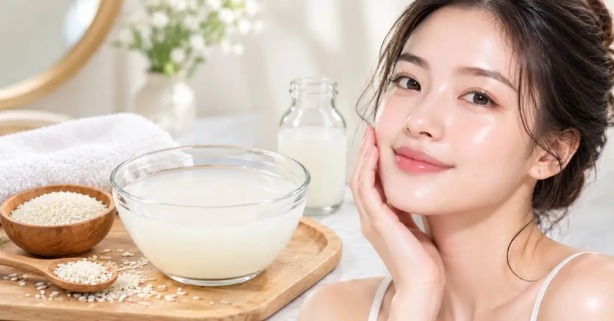 A young woman showing how to get Korean glass skin at home with rice water toner.