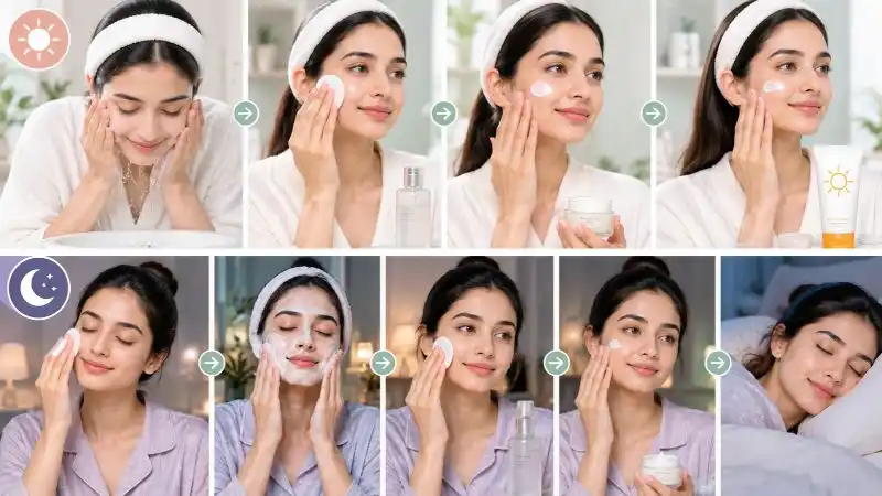 Morning and night skincare routine for Korean glass skin with rice water